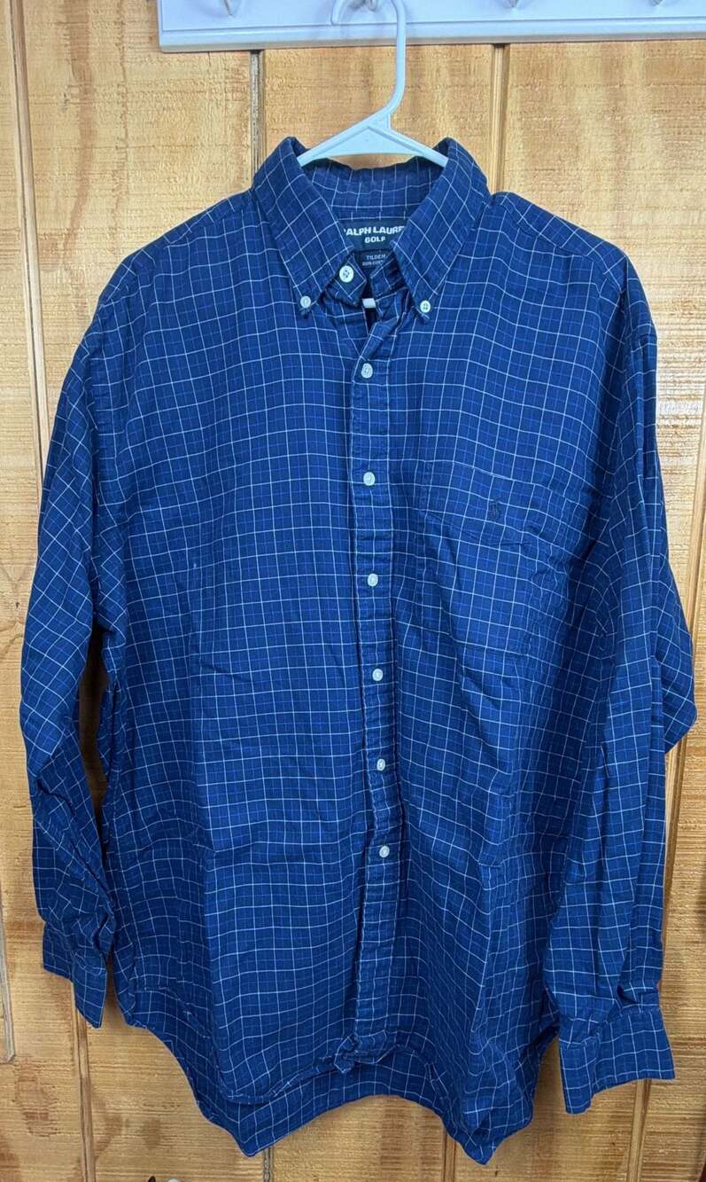 Ralph Lauren Golf Tilden Men's Blue Grid Long Sleeve Button Down Shirt Size L
